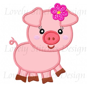 Pig with Flower Applique Embroidery Design,Cute Pig Embroidery,Farm Animal Machine Applique, Piglet Machine Embroidery File