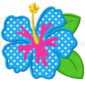 May include: A blue hibiscus flower with white polka dots and a pink center. The flower has a yellow stem and two green leaves.