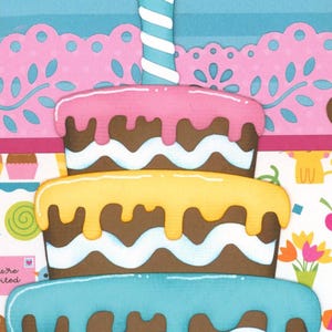 May include: A three-tiered birthday cake illustration with chocolate-colored layers and colorful frosting. The top layer has pink frosting, the middle layer has yellow frosting, and the bottom layer has blue frosting. A lit candle sits atop the cake.