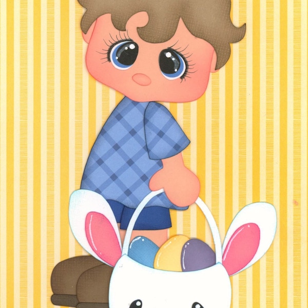 EASTER BOY with eggs in bunny basket, blue eyes, light brown hair, for scrapbook pages, layouts, cards. paper piecing cardstock. die cut