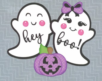 HEY BOO! HALLOWEEN ghost with purple bow. Scrapbook embellishment. 3 pieces. Handmade die cut. Paper piecing.