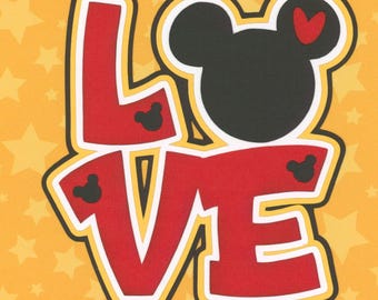 MICKEY LOVE title: Disney Scrapbook Embellishment. Handmade die cut. Paper piecing.