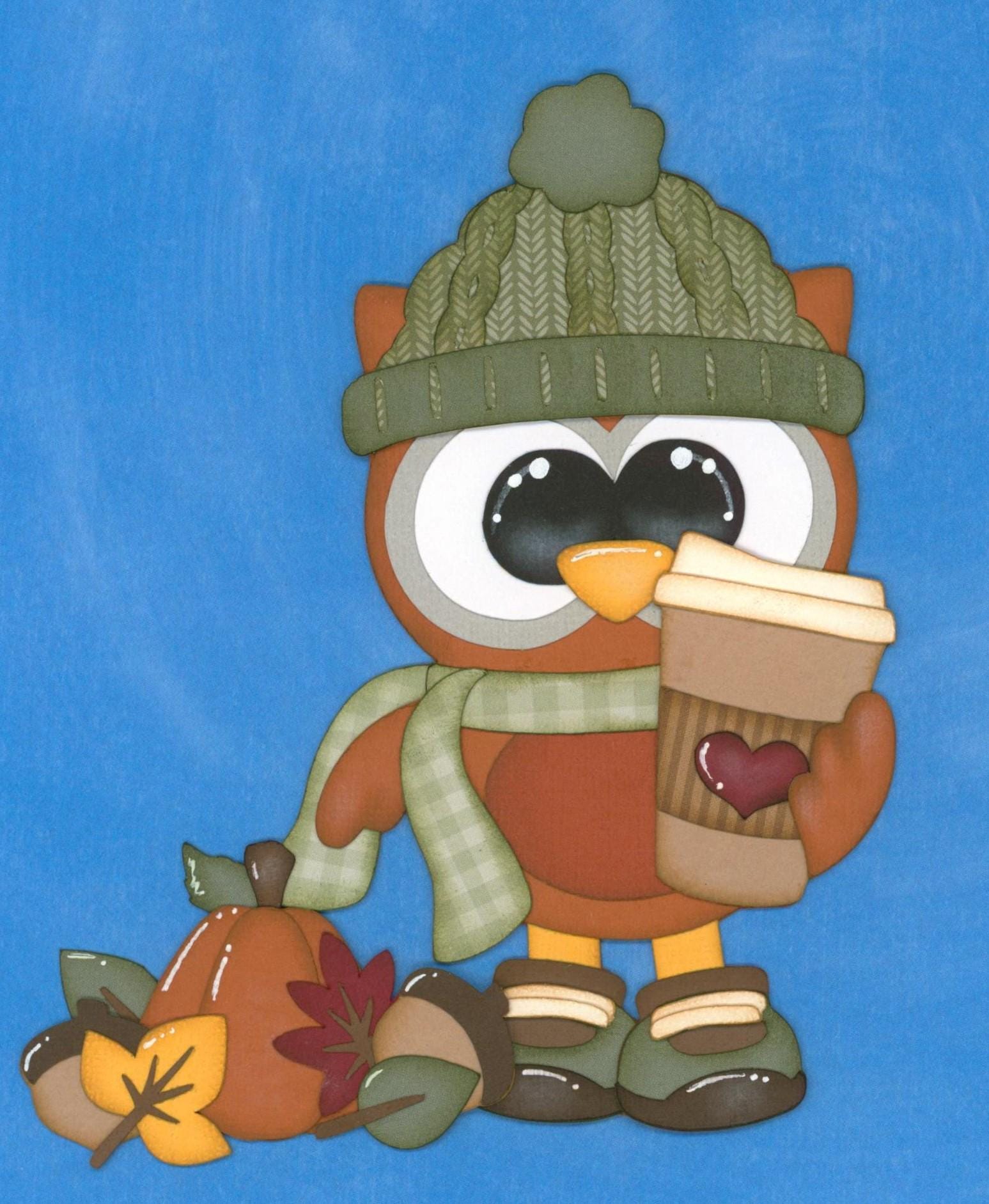 AUTUMN OWL with green hat. Fall Pumpkin Spice Latte. Scrapbook Embellishment. Handmade die cut. Pape