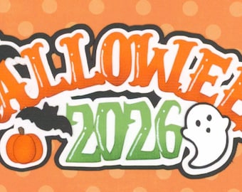 ORANGE HALLOWEEN 2026 Title. Ghost, bat, pumpkin Scrapbook embellishment. Handmade die cut. Paper piecing.
