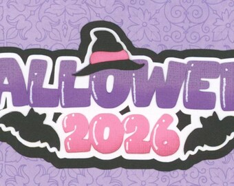 PURPLE HALLOWEEN 2026 with witches hat. Scrapbook embellishment. Handmade die cut. Paper piecing.
