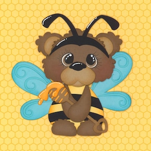 May include: A whimsical illustration of a bear dressed as a bee. The bear has brown fur, large eyes, and blue wings. It holds a honey dipper, and its body is striped black and yellow. The background is a yellow honeycomb pattern.