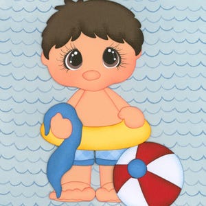May include: A cartoon illustration of a boy wearing a blue swimsuit and a yellow inflatable ring. He is holding a blue towel and a red and white beach ball.