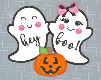HEY BOO! HALLOWEEN ghost with pink bow. Scrapbook embellishment. 3 pieces. Handmade die cut. Paper piecing.