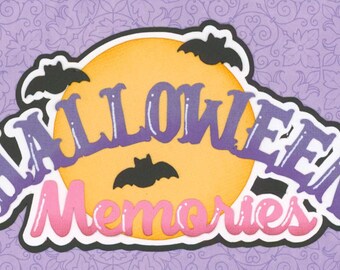 PURPLE HALLOWEEN MEMORIES Title. Moon and bats Scrapbook embellishment. Handmade die cut. Paper piecing.
