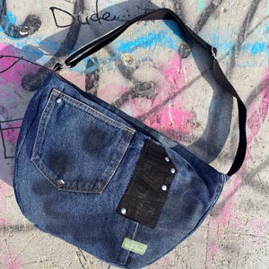 Denim blue crossbody bag messenger bag medium vegan bag OOAK vegan fashion bag graffiti hiphop style