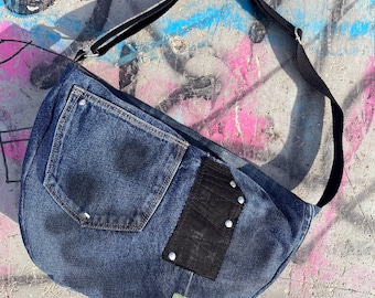 Bolso bandolera azul vaquero, bolso mensajero mediano, bolso vegano, bolso de moda vegano único, estilo graffiti hip hop.