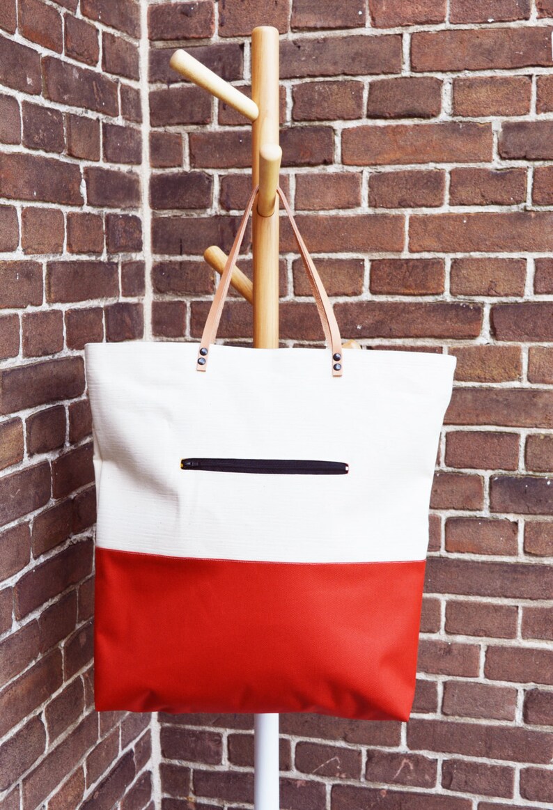 Large canvas tote shopping bag casual tote school bag orange brick red beige book bag weekender bag beige real leather strap women fiesta image 3