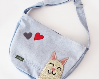 Crossbody bag bike messenger bag cycling bag applique cute kitty cat animal sweet adorable hearts bag upcycled recycled 1.1 BASIC COLLECTION