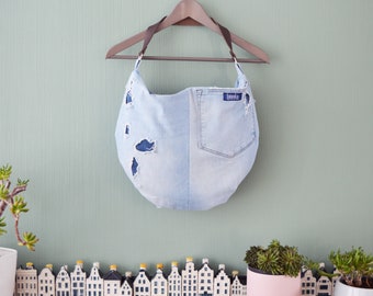 Large denim hobo bag light blue ripped jeans hobo tote bag with brown genuine leather strap for women shoulder bag handbag everyday bag