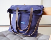 Large fold over canvas tote bag shopping bag casual fold over tote school bag blue-brown book bag variable tote crossbody messenger indigo