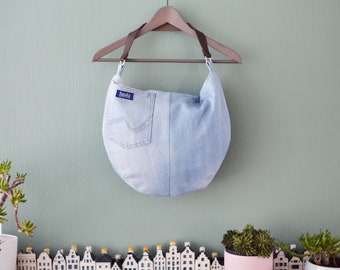 Large denim hobo bag light blue hobo tote bag with brown genuine leather strap for women shoulder bag handbag everyday bag