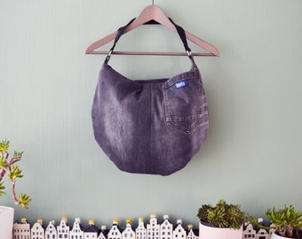 Grand sac hobo en denim sac fourre-tout hobo gris avec bracelet en cuir véritable noir pour femme sac à bandoulière sac à main sac de tous les jours