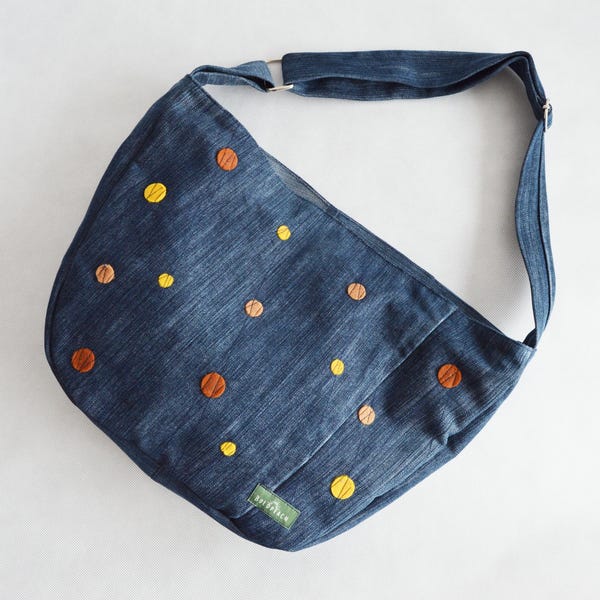 Bolsa transversal para bicicleta, jeans, bolsa mensageiro para bicicleta, com bolinhas, minimalista, simples, bolsa para ciclismo, reciclada, 1.1 COLEÇÃO BÁSICA