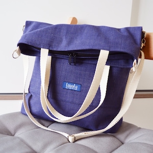 Large fold over canvas tote bag shopping bag casual fold over tote vegan school bag blue-beige book bag variable indigo crossbody messenger