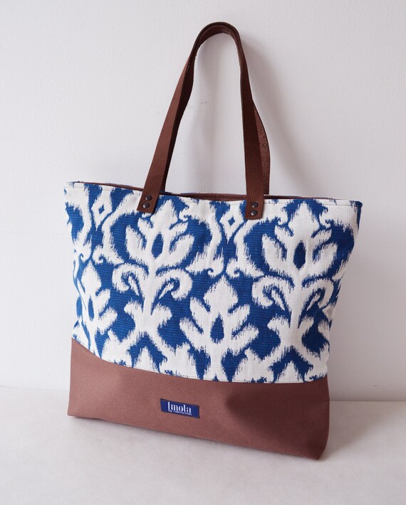 Large Canvas Tote Bag Ping Casual School - Blue Canvas Tote Leather Straps Large Canvas Tote Bag Ping Casual School - Blue Canvas Tote Leather Straps
