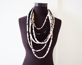 SALE! Black stars necklace neck ornament loop scarf infinity scarf round scarf hoop star off white cream beige and black