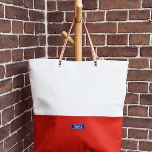 Large canvas tote shopping bag casual tote school bag orange brick red beige book bag weekender bag beige real leather strap women fiesta image 2