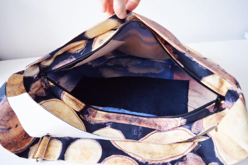 May include: A black canvas tote bag with a zipper closure and a long adjustable strap. The bag features a print of wood slices on a black background.