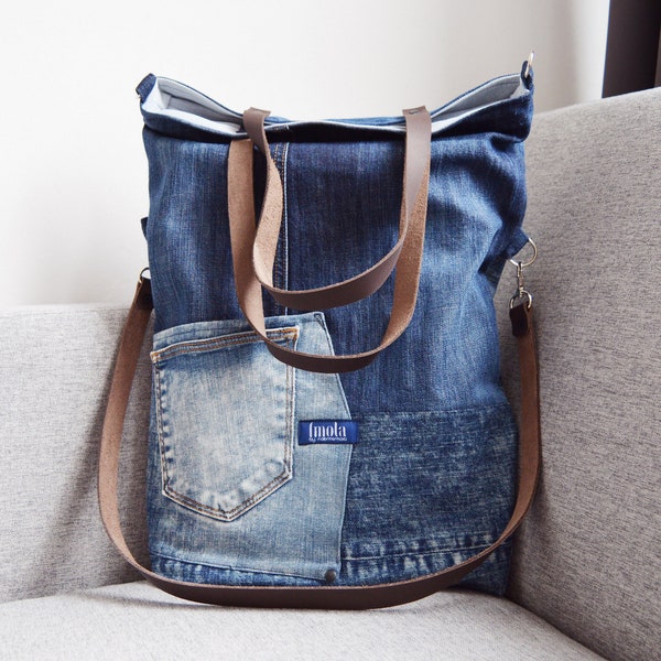 Large fold over denim canvas tote bag shopping bag casual fold over tote school bag variable tote crossbody messenger jeans recycled