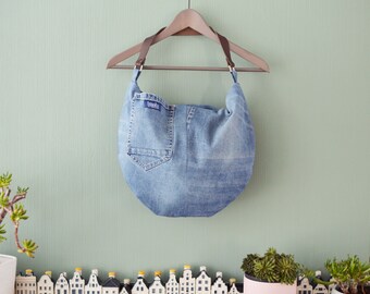 Large denim hobo bag blue hobo tote bag with brown genuine leather strap for women shoulder bag handbag everyday bag