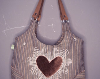 Brown shoulder bag with heart cool medium purse handbag canvas bag everyday purse clutch alternative old school tattoo style celestial