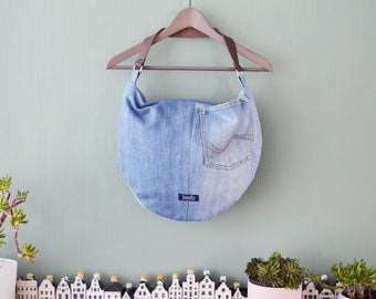 Large denim hobo bag light blue stonewashed hobo tote bag with brown genuine leather strap for women shoulder bag handbag everyday bag