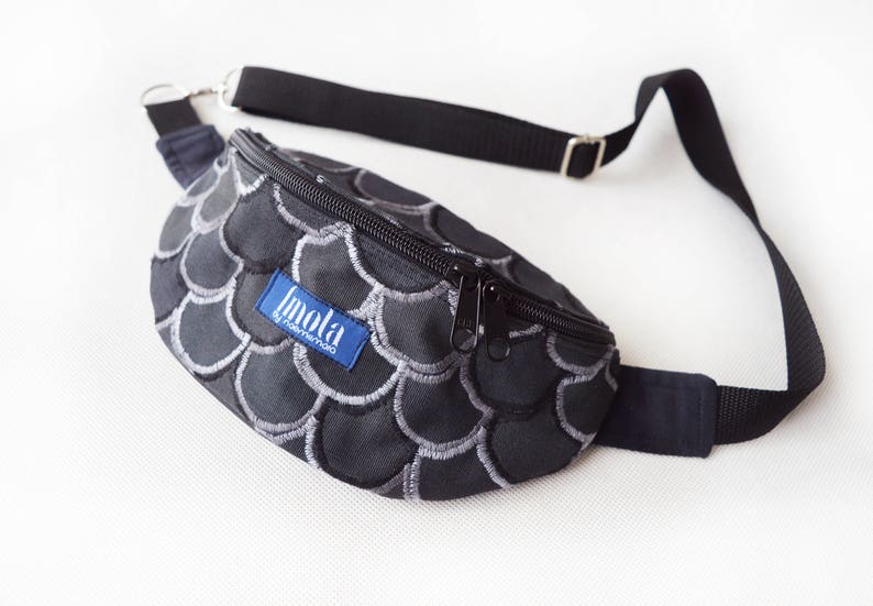 Grey fanny pack hip bag hip pouch belt bag flakes fishscale bum bag festival bag hands free bag party bag gray fanny pack applique OOAK