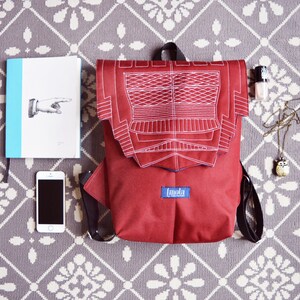 Backpack burgundy hipster backpack rucksack cycling bag everyday small mini backpack Zurichtoren geometric simple minimalist dark red cherry image 7