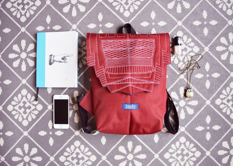 Backpack burgundy hipster backpack rucksack cycling bag everyday small mini backpack Zurichtoren geometric simple minimalist dark red cherry image 7