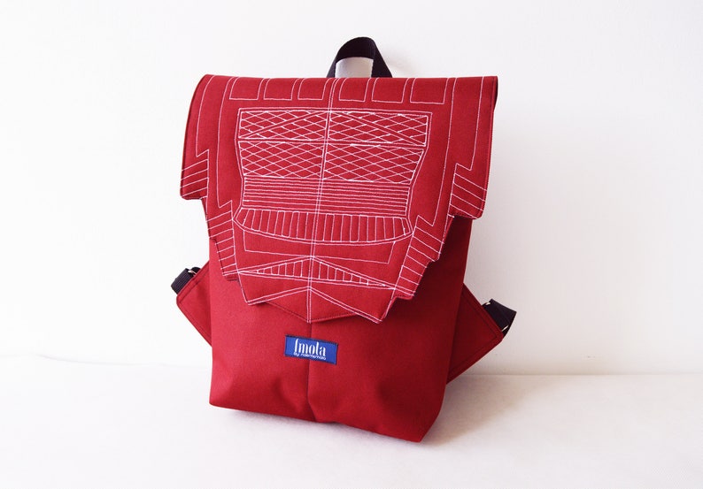 Backpack burgundy hipster backpack rucksack cycling bag everyday small mini backpack Zurichtoren geometric simple minimalist dark red cherry image 1
