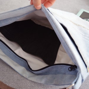 Large denim hobo bag stonewashed light blue hobo tote bag with brown genuine leather strap for women shoulder bag handbag everyday bag image 4