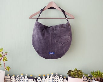 Large denim hobo bag dark gray hobo tote bag with black genuine leather strap for women shoulder bag handbag everyday bag