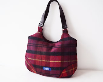Plaid purse simple minimalist medium purse handbag shoulder bag canvas bag real genuine leather black straps elegant everyday purse marsala