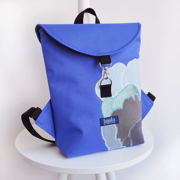 Backpack blue hipster backpack rucksack cycling bag everyday small mini backpack magic mushroom abstract OOAK purplish vegan backpack