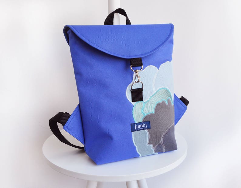 Rucksack blau Hipster Rucksack Rucksack Fahrradtasche jeden Tag kleine Mini-Rucksack Magie Pilz abstrakte OOAK purplish veganrucksack Bild 1