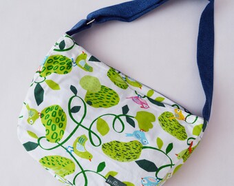 Bike crossbody bag bike messenger bag birds tree leaves nature bright green blue denim