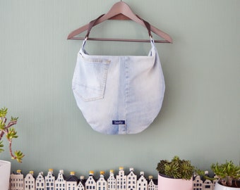 Large denim hobo bag stonewashed light blue hobo tote bag with brown genuine leather strap for women shoulder bag handbag everyday bag