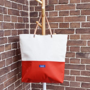 Large canvas tote shopping bag casual tote school bag orange brick red beige book bag weekender bag beige real leather strap women fiesta image 1