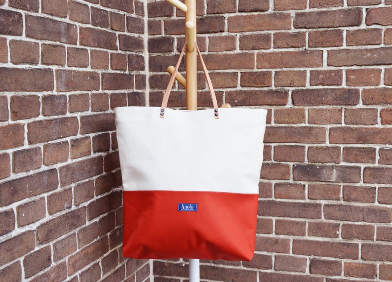 Large canvas tote shopping bag casual tote school bag orange brick red beige book bag weekender bag beige real leather strap women fiesta image 1