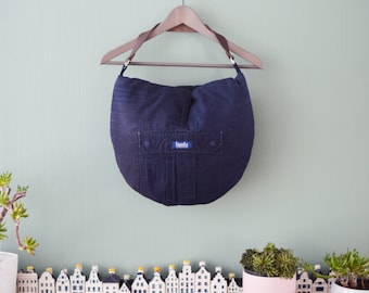 Grand sac fourre-tout hobo bleu avec bracelet en cuir véritable marron pour femme sac à bandoulière sac à main sac à main de tous les jours recyclé