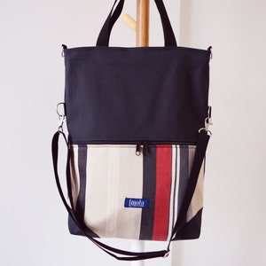 Large fold over canvas tote bag shopping bag casual fold over tote vegan school bag dark gray and upcycled striped book bag variable tote