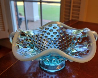 Vintage Blue Opalescent Hobnail Dish with Handles