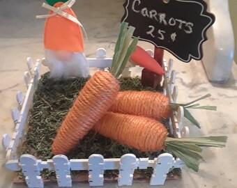 Spring Carrot Patch Decoration with Whimsical Carrot-Top Gnome / Handcrafted Centerpiece / Table Decor