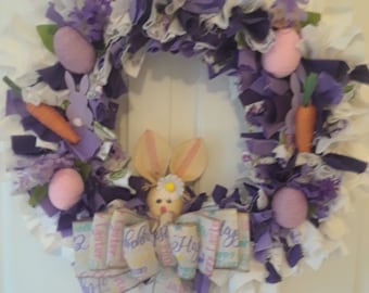 Happy Easter Purple-tones Rag Wreath / Handcrafted