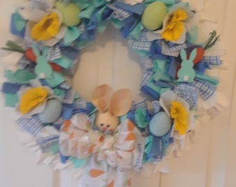 Sweet Spring Rag Wreath in Shades of Blue and Aqua / Handmade Door Decor